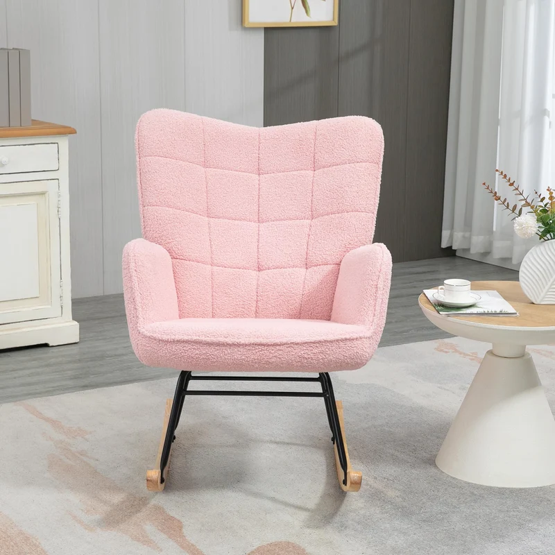 HOMCOM Schaukelstuhl, Schaukelsessel mit Berbervliesoptik, Armlehne, Gepolsterter Sessel mit Holzkufen, Relaxsessel für Wohnzimmer, Schlafzimmer, bis 120kg belastbar, Rosa