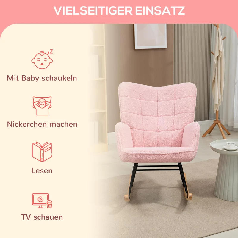 HOMCOM Schaukelstuhl, Schaukelsessel mit Berbervliesoptik, Armlehne, Gepolsterter Sessel mit Holzkufen, Relaxsessel für Wohnzimmer, Schlafzimmer, bis 120kg belastbar, Rosa