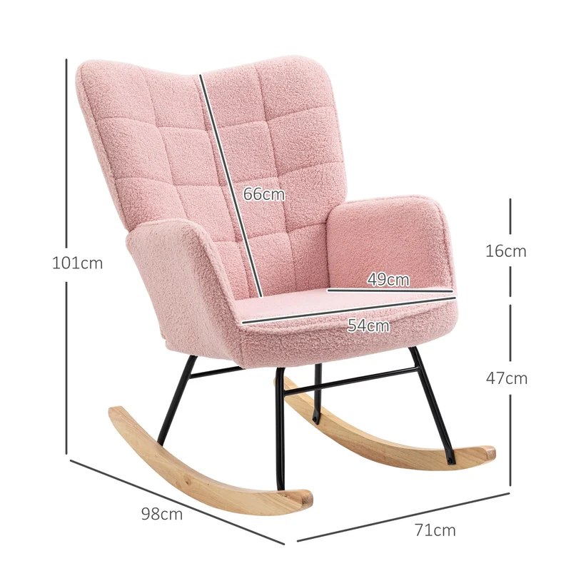 HOMCOM Schaukelstuhl, Schaukelsessel mit Berbervliesoptik, Armlehne, Gepolsterter Sessel mit Holzkufen, Relaxsessel für Wohnzimmer, Schlafzimmer, bis 120kg belastbar, Rosa