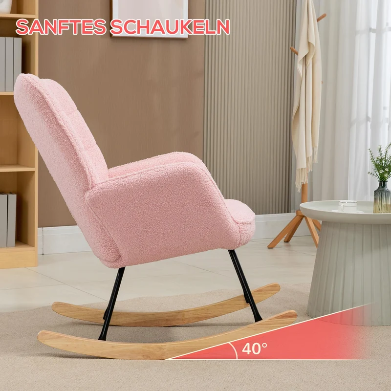 HOMCOM Schaukelstuhl, Schaukelsessel mit Berbervliesoptik, Armlehne, Gepolsterter Sessel mit Holzkufen, Relaxsessel für Wohnzimmer, Schlafzimmer, bis 120kg belastbar, Rosa