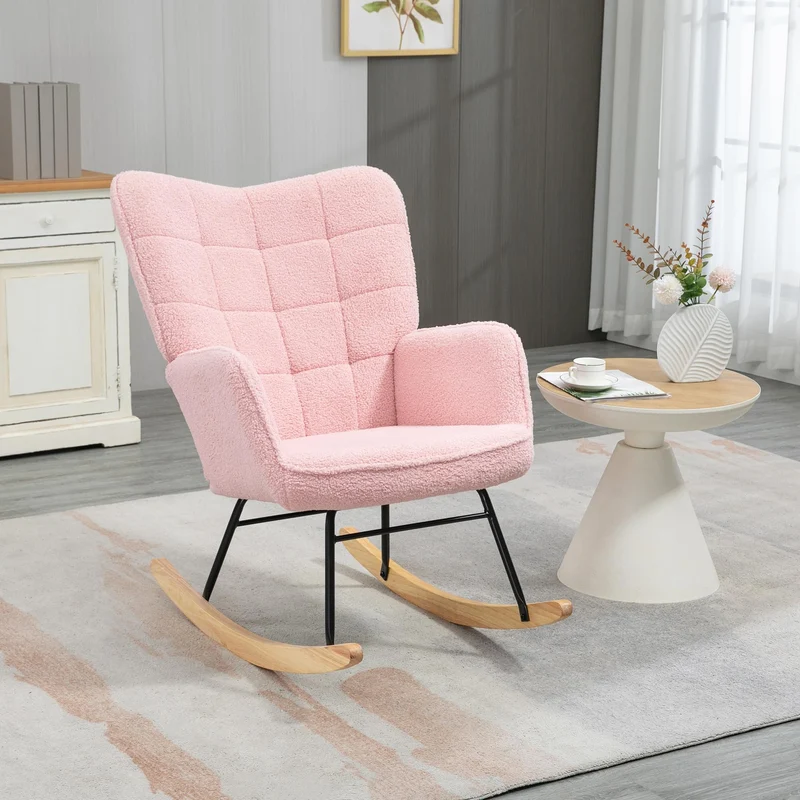 HOMCOM Schaukelstuhl, Schaukelsessel mit Berbervliesoptik, Armlehne, Gepolsterter Sessel mit Holzkufen, Relaxsessel für Wohnzimmer, Schlafzimmer, bis 120kg belastbar, Rosa
