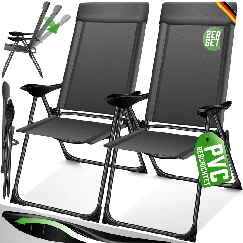 KESSER® 2er Set Gartenstuhl Hochlehner Alu Klappstuhl 7-Fach Verstellbar mit Armlehnen Atmungsaktiv klappbar Campingstuhl Balkonstuhl Klappsessel Garten Terrasse, Anthrazit