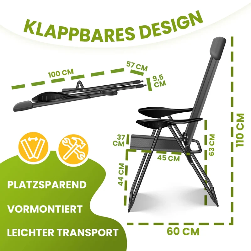 KESSER® 2er Set Gartenstuhl Hochlehner Alu Klappstuhl 7-Fach Verstellbar mit Armlehnen Atmungsaktiv klappbar Campingstuhl Balkonstuhl Klappsessel Garten Terrasse, Anthrazit