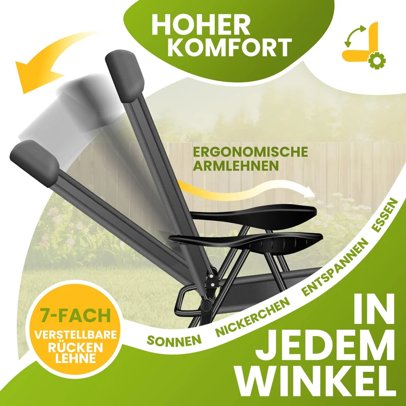 KESSER® 2er Set Gartenstuhl Hochlehner Alu Klappstuhl 7-Fach Verstellbar mit Armlehnen Atmungsaktiv klappbar Campingstuhl Balkonstuhl Klappsessel Garten Terrasse, Anthrazit