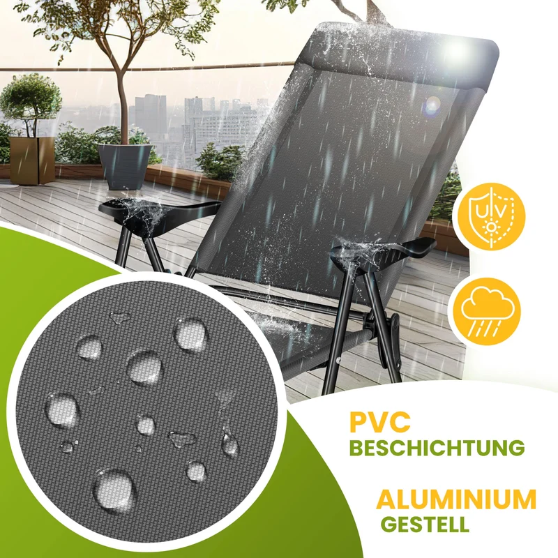KESSER® 2er Set Gartenstuhl Hochlehner Alu Klappstuhl 7-Fach Verstellbar mit Armlehnen Atmungsaktiv klappbar Campingstuhl Balkonstuhl Klappsessel Garten Terrasse, Anthrazit
