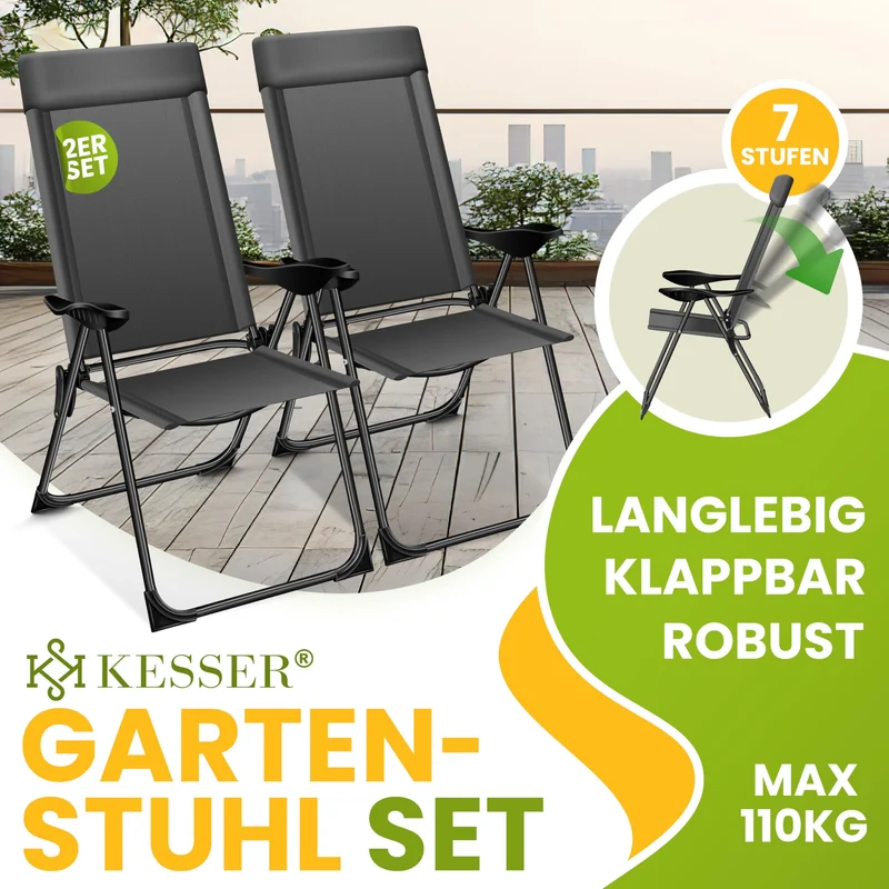 KESSER® 2er Set Gartenstuhl Hochlehner Alu Klappstuhl 7-Fach Verstellbar mit Armlehnen Atmungsaktiv klappbar Campingstuhl Balkonstuhl Klappsessel Garten Terrasse, Anthrazit