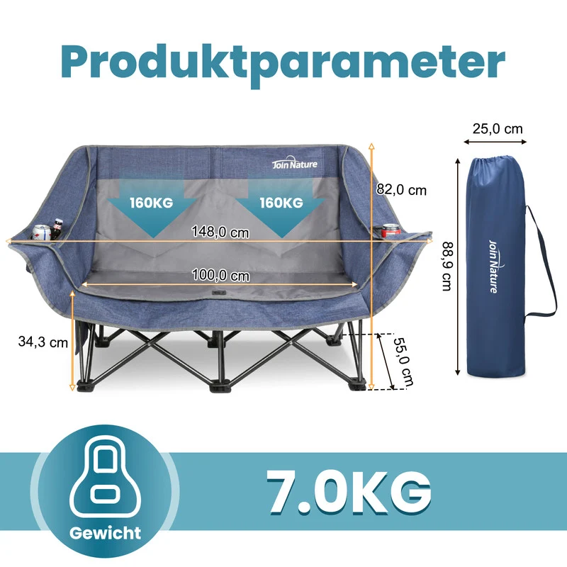 HOMECALL Campingstuhl 2 Personen faltbar – Doppel Campingsofa bis 360 kg, stabile Camping Couch mit Rückenlehne