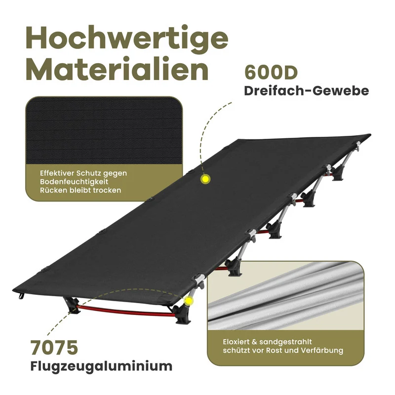 Ultraleichtes Campingbett 190×65×15 cm – Feldbett faltbar mit Aluminiumrahmen bis 150 kg, kompakt & stabil für Camping und Trekking