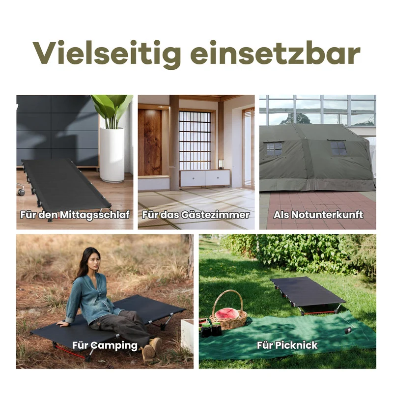 Ultraleichtes Campingbett 190×65×15 cm – Feldbett faltbar mit Aluminiumrahmen bis 150 kg, kompakt & stabil für Camping und Trekking