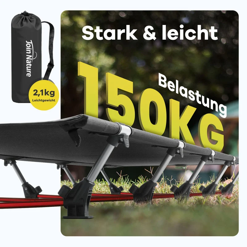 Ultraleichtes Campingbett 190×65×15 cm – Feldbett faltbar mit Aluminiumrahmen bis 150 kg, kompakt & stabil für Camping und Trekking