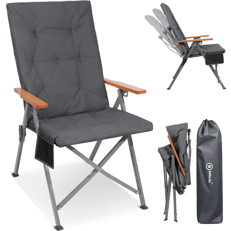 HOMECALL Campingstuhl faltbar Hochlehner – gepolsterter Klappstuhl mit Holzarmlehnen, 3-fach verstellbar bis 150 kg belastbar | B-Ware