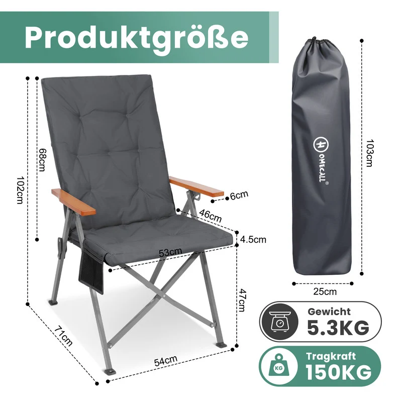 HOMECALL Campingstuhl faltbar Hochlehner – gepolsterter Klappstuhl mit Holzarmlehnen, 3-fach verstellbar bis 150 kg belastbar | B-Ware