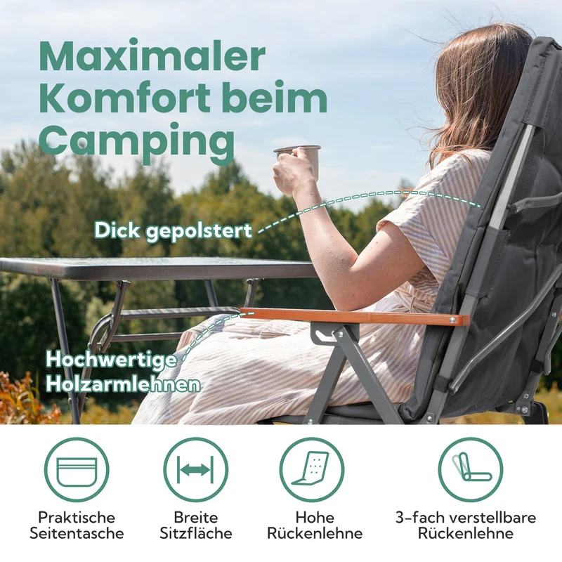 HOMECALL Campingstuhl faltbar Hochlehner – gepolsterter Klappstuhl mit Holzarmlehnen, 3-fach verstellbar bis 150 kg belastbar | B-Ware