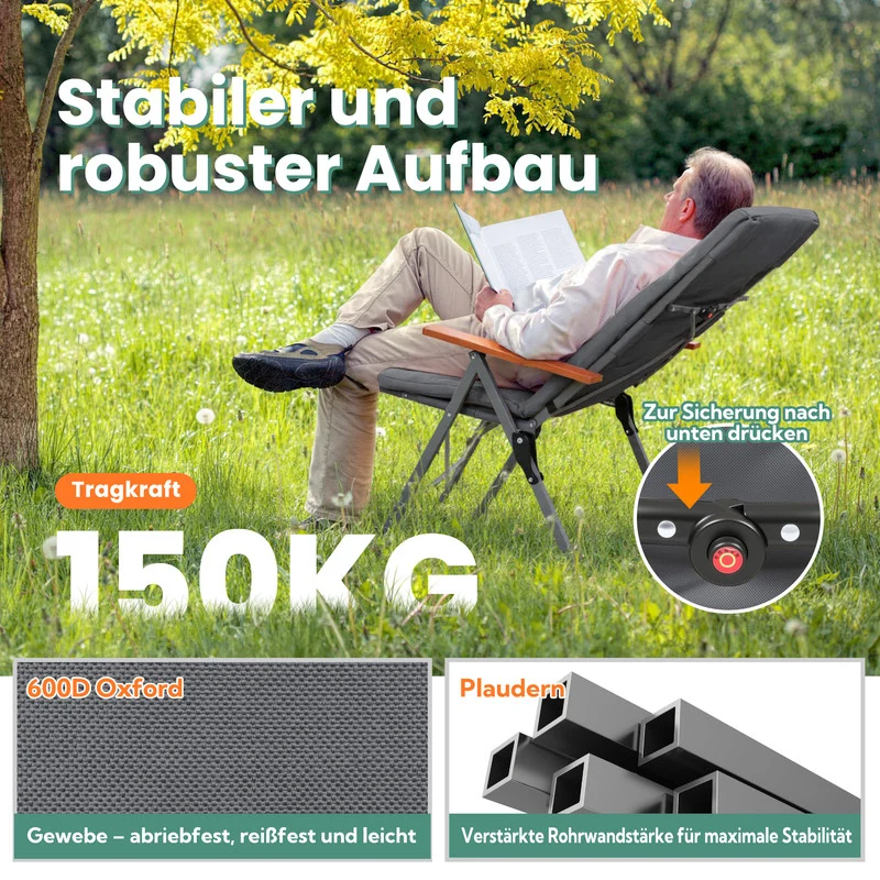 HOMECALL Campingstuhl faltbar Hochlehner – gepolsterter Klappstuhl mit Holzarmlehnen, 3-fach verstellbar bis 150 kg belastbar | B-Ware