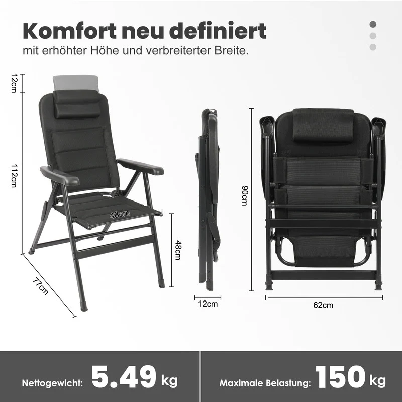 HOMECALL Campingstuhl Hochlehner klappbar – gepolsterter Gartenstuhl Alu bis 150 kg belastbar | B-Ware Sonderposten
