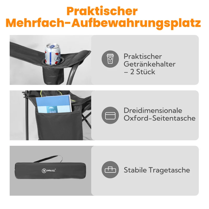HOMECALL XXL Campingstuhl klappbar bis 360 kg belastbar – gepolsterter Hochlehner mit Getränkehalter | B-Ware Sonderposten