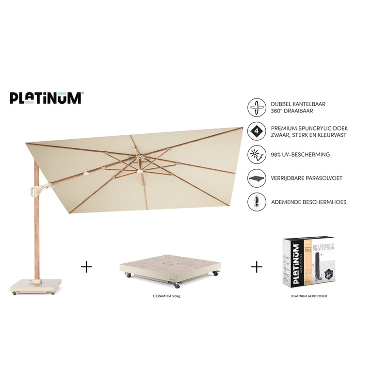 Platinum Sun & Shade zweefparasol Challenger T² premium Teak look 260x350 Champagne