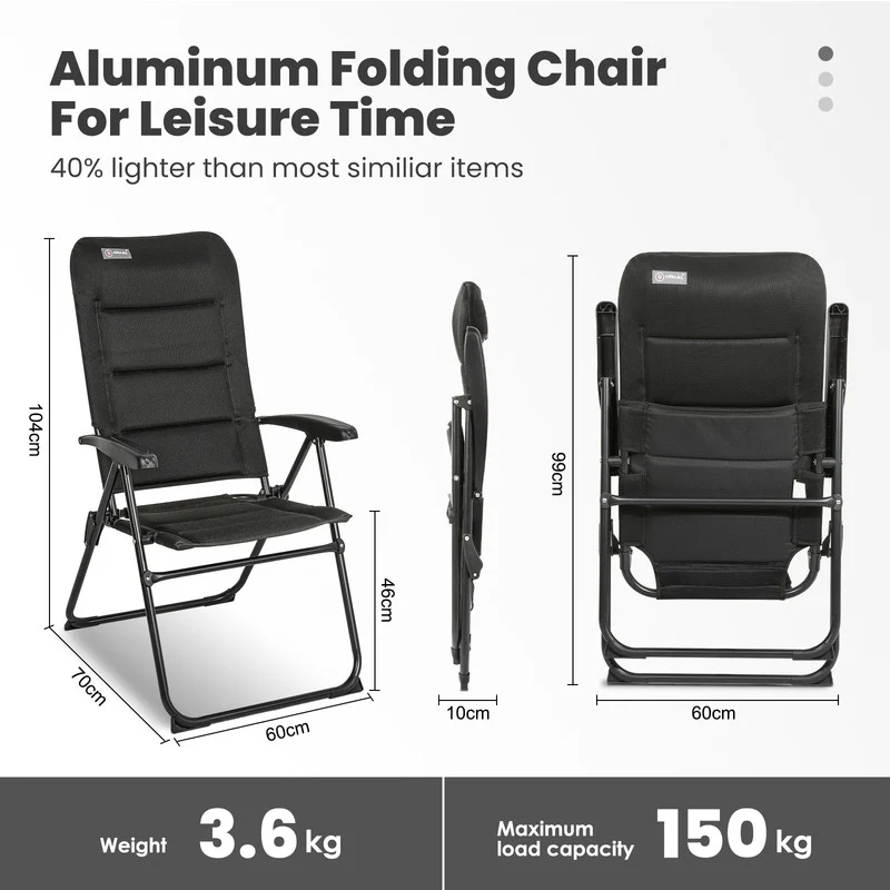 HOMECALL Campingstuhl Hochlehner klappbar – leichter Aluminium Gartenstuhl mit 5-fach Verstellung bis 150 kg belastbar schwarz | B-Ware Sonderposten