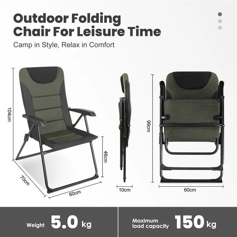 HOMECALL Campingstuhl Hochlehner klappbar Schwarz/Grün – gepolsterter Gartenstuhl 5-fach verstellbar bis 150 kg belastbar | B-Ware Sonderposten