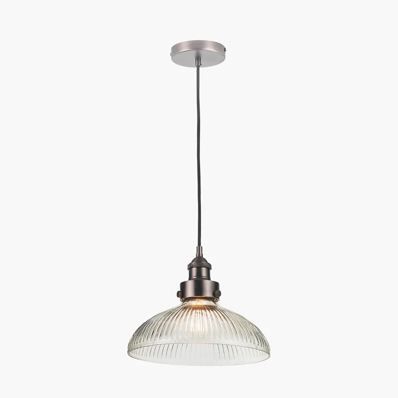 Bowery Large Ribbed Glass with Antique Bronze Fitting Elec Pendant | OUTLET