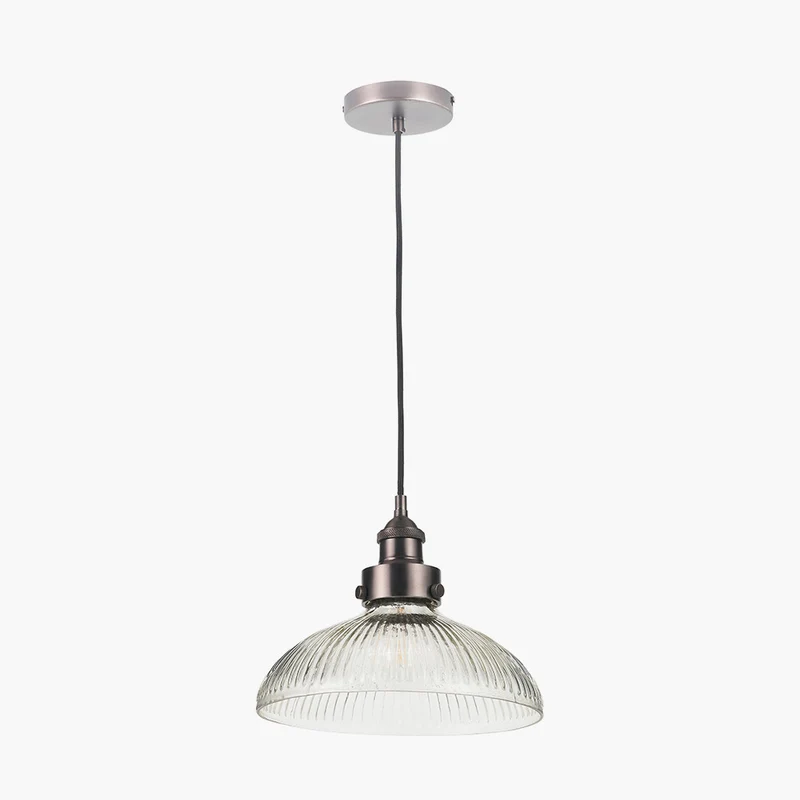 Bowery Large Ribbed Glass with Antique Bronze Fitting Elec Pendant | OUTLET