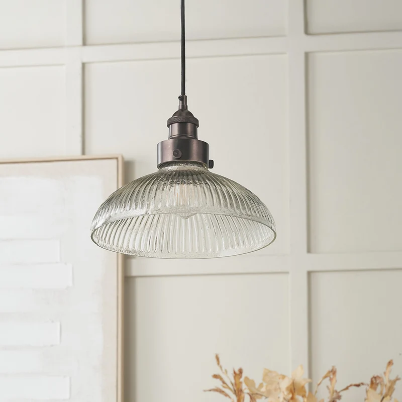 Bowery Large Ribbed Glass with Antique Bronze Fitting Elec Pendant | OUTLET