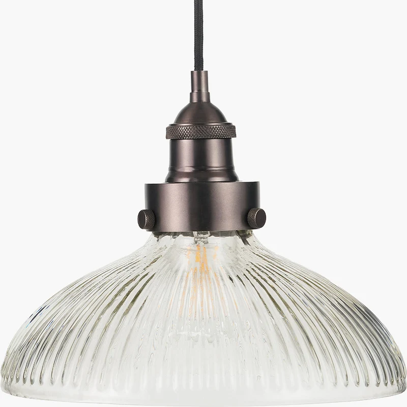 Bowery Large Ribbed Glass with Antique Bronze Fitting Elec Pendant | OUTLET