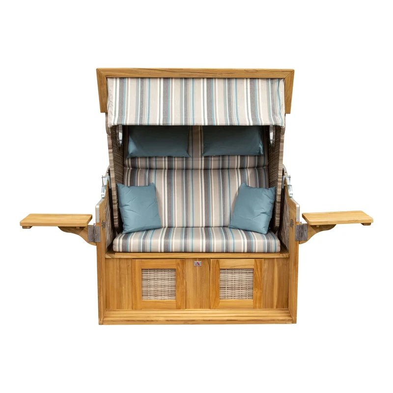 Teak Strandkorb Exklusiv XL - grau-blau-taupe gestreift