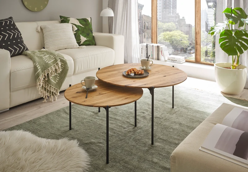 Couchtisch+ Eiche Massiv Holz + Metall Gestell Schwarz Matt