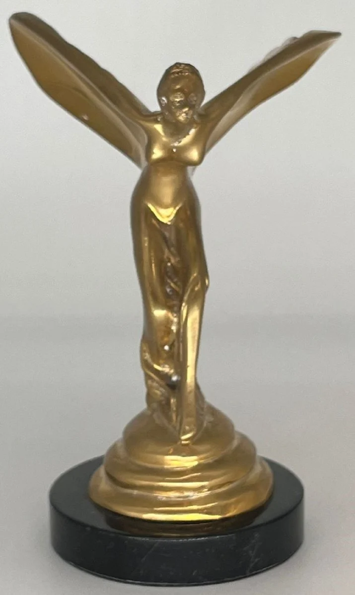 Casa Padrino Luxus Bronze Skulptur Spirit of Ecstasy Frau mit Flügeln Gold / Schwarz 15 x 15 x H. 21 cm - Edle Bronzefigur mit Marmorsockel - Schreibtisch Deko - Luxus Deko - Deko Accessoires