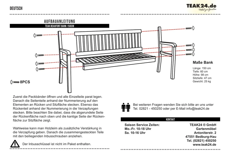 Teak Gartenbank Beaufort, verschraubt, 150 cm, Selbstmontage