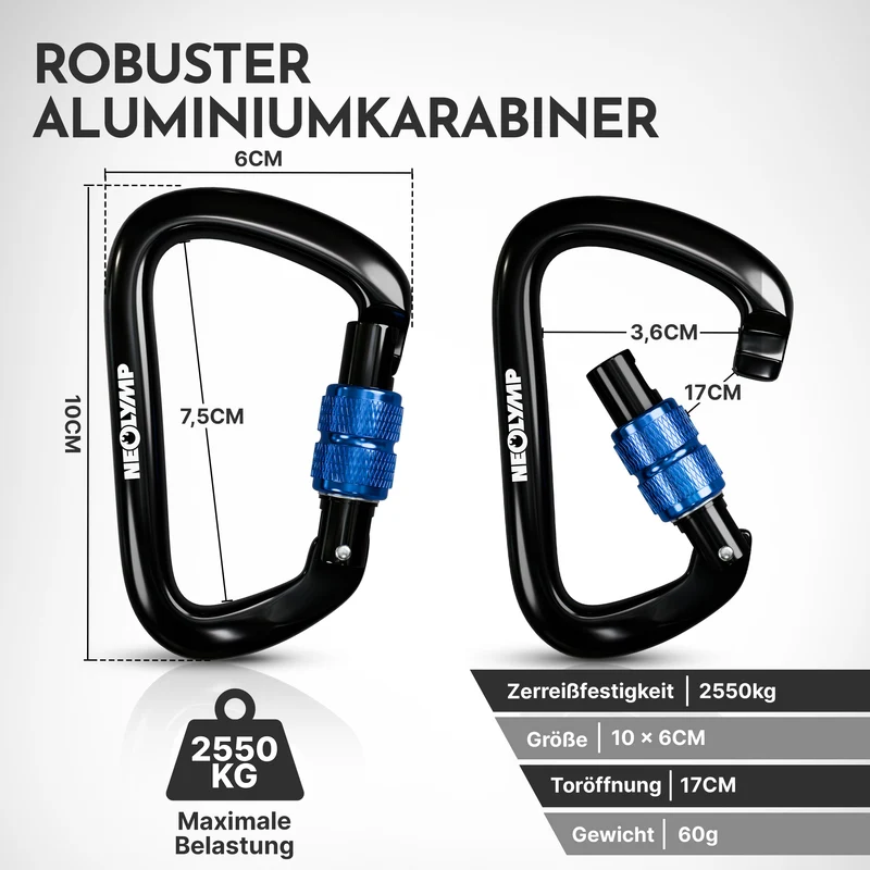 Ultraleichter Verschlusskarabiner mit Screw-Lock (Aluminium, mit Schnellverschluss) (Karabiner 2er-Set)