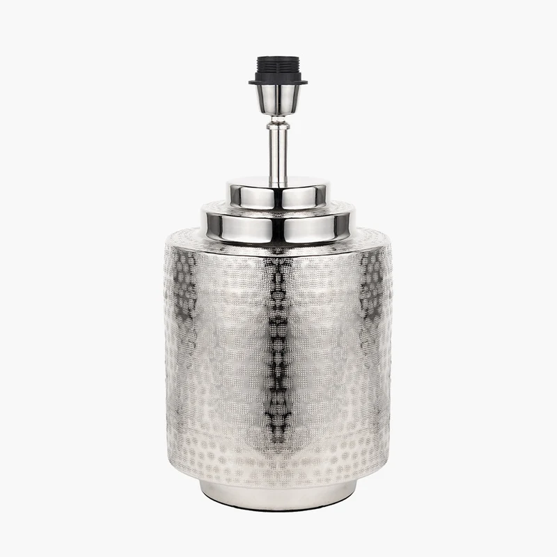 Zuri Shiny Silver Metal Pot Table Lamp Base with Lino 35cm Cinnamon Self Lined Linen Cylinder Lampshade