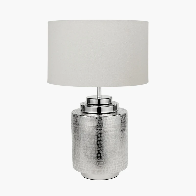 Zuri Shiny Silver Metal Pot Table Lamp Base with Henry 35cm White Handloom Cylinder Lampshade