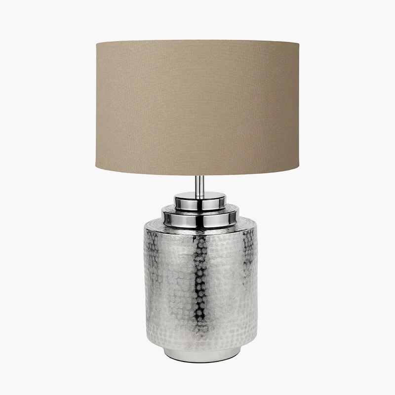 Zuri Shiny Silver Metal Pot Table Lamp Base with Henry 35cm Taupe Handloom Cylinder Lampshade