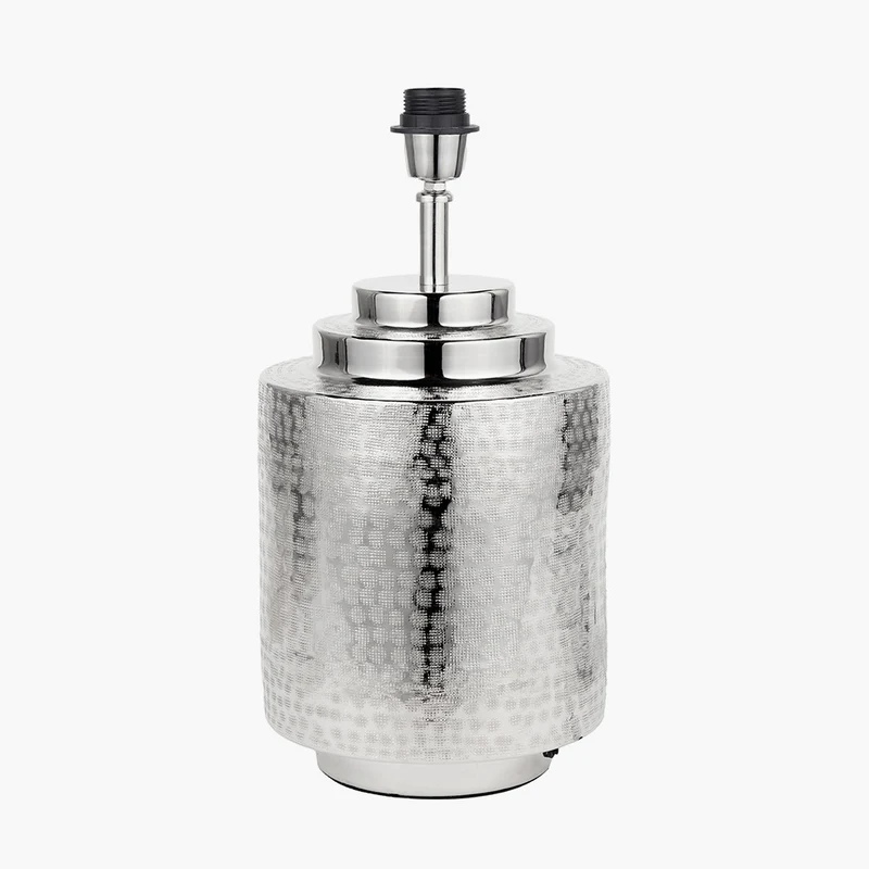 Zuri Shiny Silver Metal Pot Table Lamp Base with Henry 35cm Taupe Handloom Cylinder Lampshade