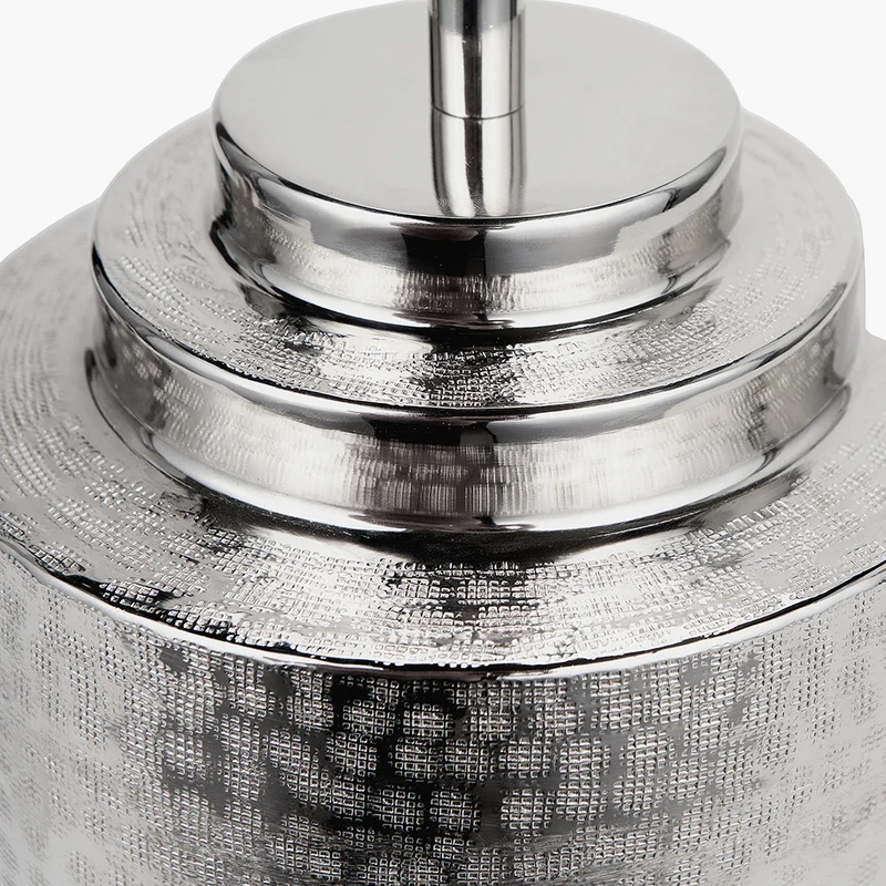 Zuri Shiny Silver Metal Pot Table Lamp Base with Henry 35cm Taupe Handloom Cylinder Lampshade