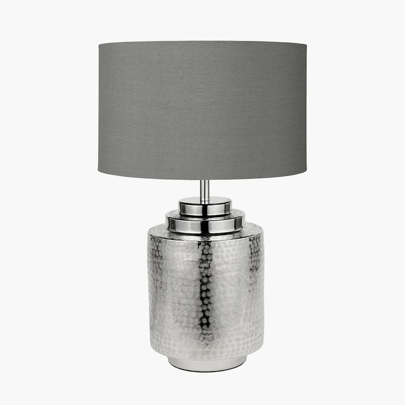 Zuri Shiny Silver Metal Pot Table Lamp Base with Harry 35cm Steel Grey Cotton Mix Cylinder Lampshade