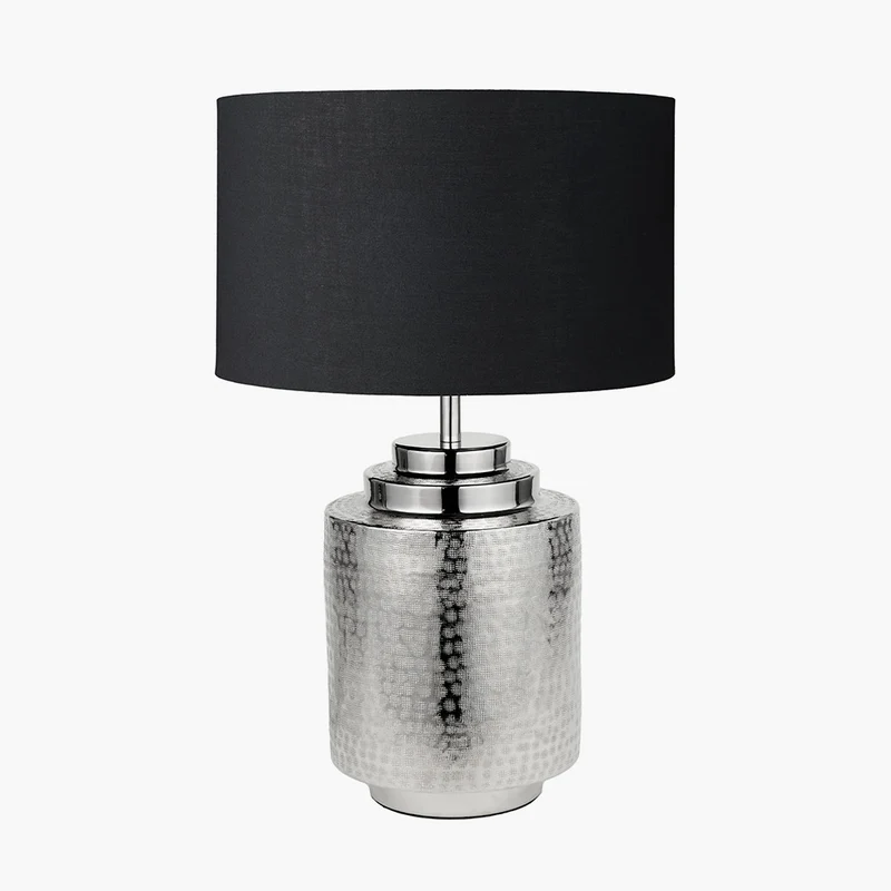 Zuri Shiny Silver Metal Pot Table Lamp Base with Harry 35cm Black Cotton Mix Cylinder Lampshade