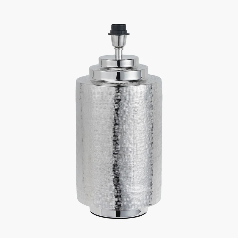 Zuri Large Shiny Silver Metal Pot Table Lamp Base with Lino 45cm Cinnamon Self Lined Linen Cylinder Lampshade