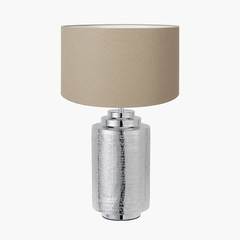 Zuri Large Shiny Silver Metal Pot Table Lamp Base with Henry 45cm Taupe Handloom Cylinder Lampshade