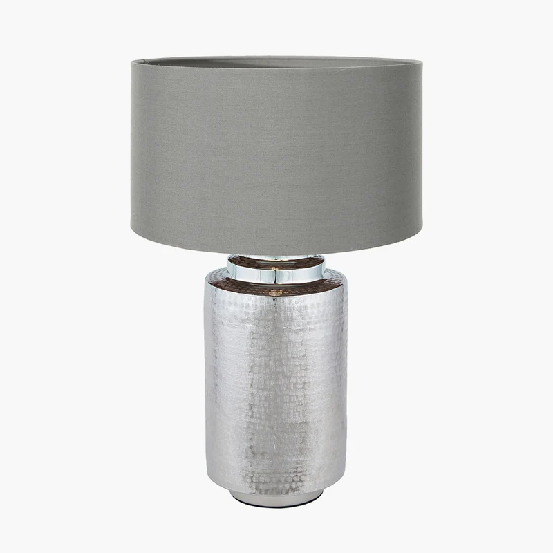 Zuri Large Shiny Silver Metal Pot Table Lamp Base with Harry 45cm Steel Grey Cotton Mix Cylinder Lampshade