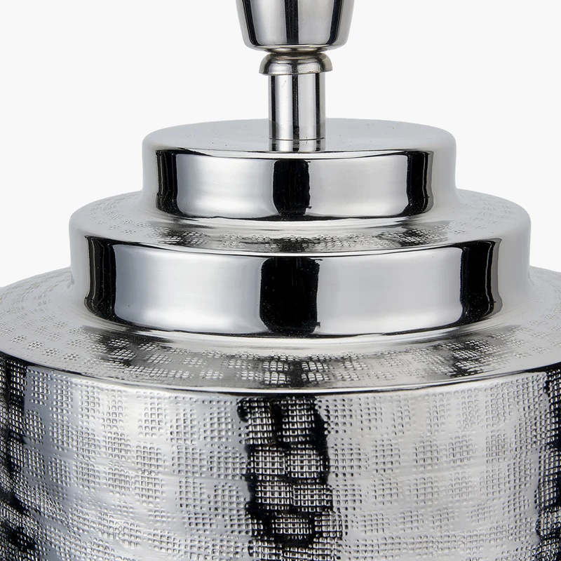 Zuri Large Shiny Silver Metal Pot Table Lamp Base with Harry 45cm Black Cotton Mix Cylinder Lampshade