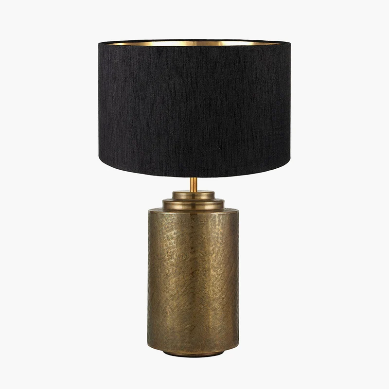 Zuri Large Antique Brass Metal Pot Table Lamp Base with Stellan 45cm Black Slubbed Faux Silk Gold Lined Cylinder Lampshade