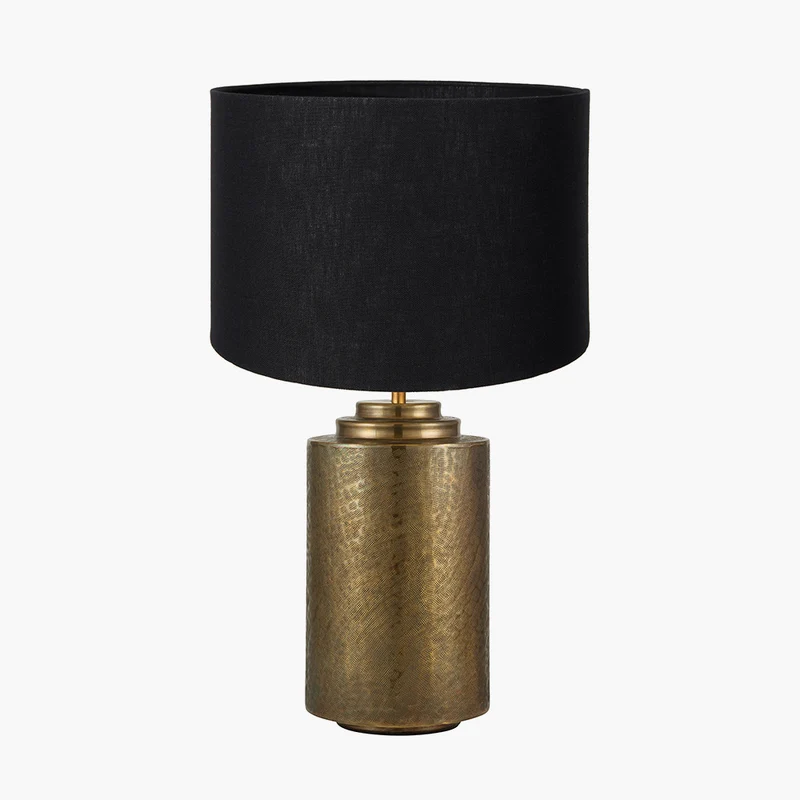 Zuri Large Antique Brass Metal Pot Table Lamp Base with Lino 45cm Black Self Lined Linen Cylinder Lampshade