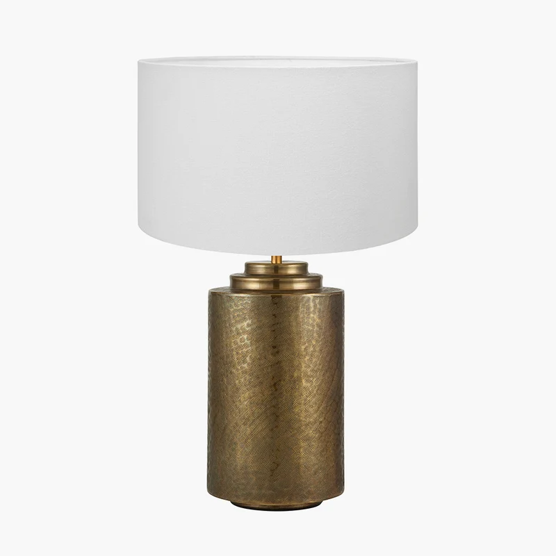 Zuri Large Antique Brass Metal Pot Table Lamp Base with Henry 45cm White Handloom Cylinder Lampshade