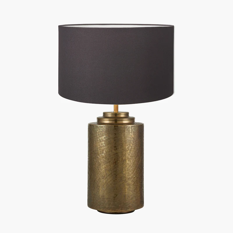 Zuri Large Antique Brass Metal Pot Table Lamp Base with Henry 45cm Grey Handloom Cylinder Lampshade
