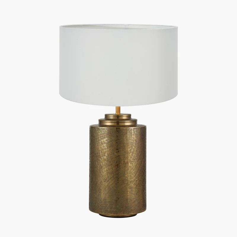 Zuri Large Antique Brass Metal Pot Table Lamp Base with Harry 45cm Ivory Cotton Mix Cylinder Lampshade