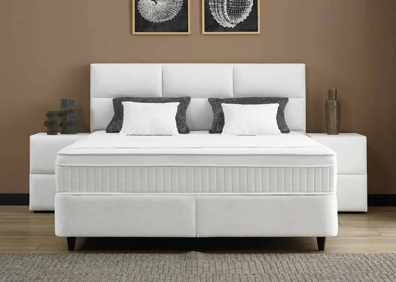 Casa Padrino Luxus Boxspringbett mit Kopfteil in Feldoptik Weiß 90 x 200 cm - Luxus Schlafzimmer Möbel