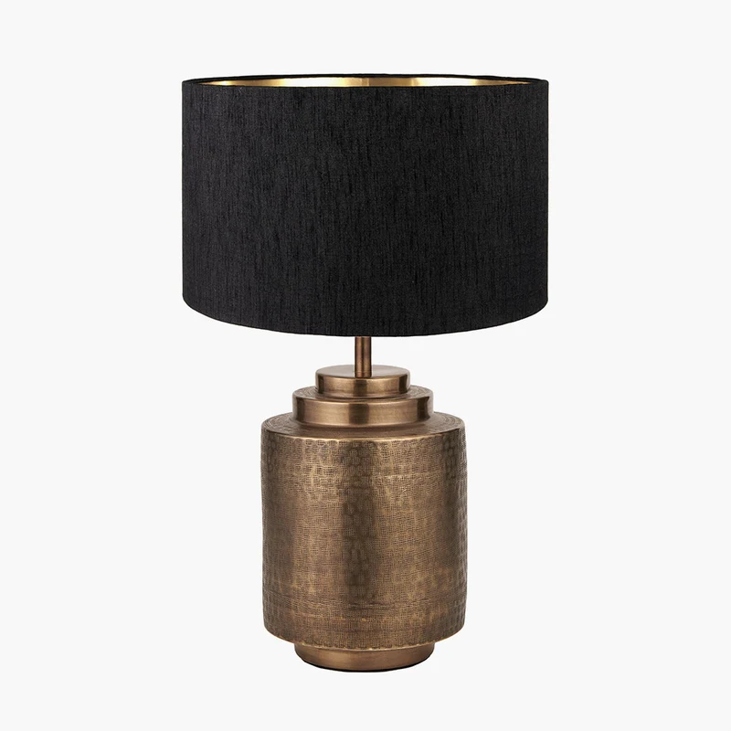 Zuri Antique Brass Metal Pot Table Lamp Base with Stellan 40cm Black Slubbed Silk Mix Gold Lined Cylinder Lampshade